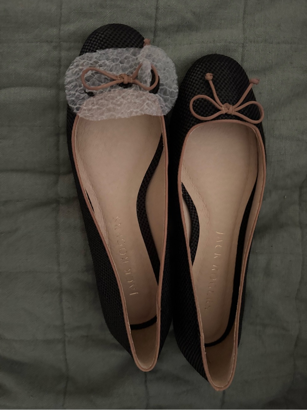 Jack Rogers Black Ballet Flats with Tan Trim and Bow